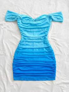 Soleia Plus Size Women's Holiday Sunset Ombre Print Knit Mesh Strapless Off-Shoulder Bodycon Mini Dress, Hollow Out Backless, Suitable For Holiday, Date, Afternoon Tea, Wedding Season, Beach, Cruise, City Vacation, Boho Vacation, Music Festival , Carnival.Summer Outfits,Vacation Outfits Women,Holiday Outfits For Women,Beach Outfits For Women,Carnival Outfit. - Blue - View 2