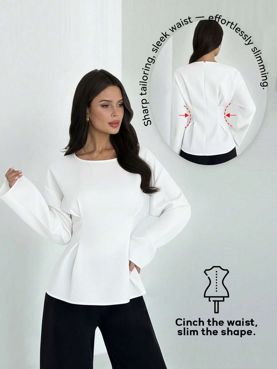 Firerie Camisa feminina elegante para o dia a dia e ocasiões casuais, com textura vintage de bambu, gola redonda, mangas compridas, cintura franzida e pregas. Ideal para o outono, para professoras, passeios e viagens. - Branco - Ver 1