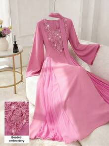 Al Najma V-Neck Beaded Embroidered Floral Tie Mesh Splice Fitted Long Sleeve Elegant Flared Hem Women Evening Gown Dress, Pink - Hot Pink - View 10