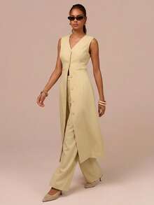 COSMINA Elegant Pleated Office/Casual Wear Yellow Pants - Yellow - View 7