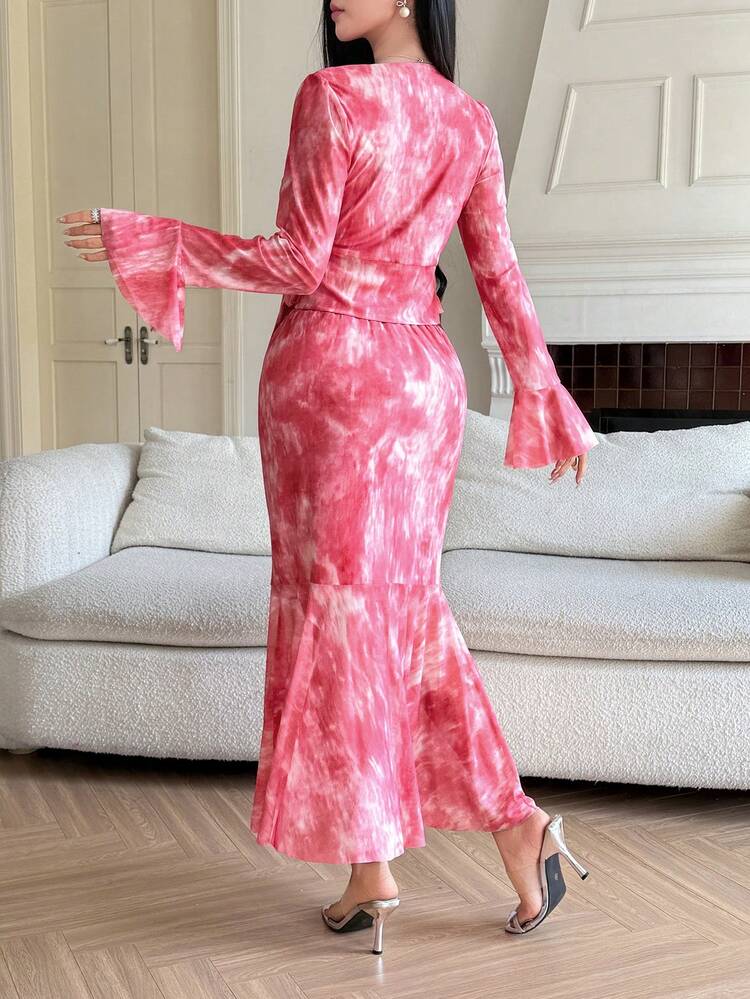 Women's Elegant Floral V-Neck Flare Sleeve Tie-Up Shirt And Fish Tail Skirt 2-Piece Set, Spring/Summer,Wedding Guest Dress Women