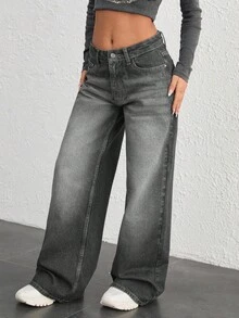 CasuGlow WOMEN WIDE LEG LOW WAIST JEANS Y2K STREET STYLE - Light Grey - View 3