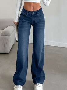 SHEIN Women's Casual Everyday Washed Slant Pocket Loose Fit Jeans - Royal Blue - View 6