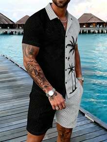 Manfinity RSRT 男士夏季沙滩度假热带印花拼接短袖衬衫和抽绳腰短裤套装 - 彩色 - 查看 6