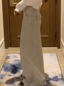 DAZY Vintage Washed Loose High Waist Slimming Wide Leg Straight Dragging Jeans - Khaki - View 7