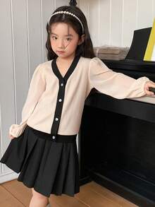 DAZY Young Girl Contrast Color V-Neck Lantern Sleeve Single-Breasted Casual Shirt - Apricot - View 5
