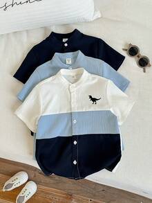 3pcs/Set Young Boy Casual Colorblock Short Sleeve Shirt , Fashion, Spring/Summer - Blue - View 3