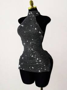 EgrlEra Vestido súper corto con escote de halter y adornos de strass, adecuado para fiestas y reuniones de vacaciones - Negro - Ver 5