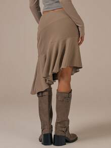 MUSERA Falda midi con detalle de dobladillo asimétrico y costuras, primavera-verano, estilo cottage acogedor y casual - Camel - Ver 4