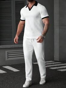 Manfinity Homme Men's Casual Contrast Cuff Polo Shirt Set - White - View 3
