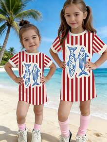 Gaun Kaos Lengan Pendek Motif Ikan Garis Vertikal Merah & Putih Minimalis, Bergaya Kasual, Kreatif, dan Personal untuk Anak Perempuan, Nyaman untuk Dipakai Sehari-hari, Cocok untuk Musim Panas & Gugur. - MultiWarna - View 3