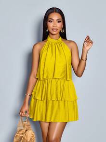 SOLERSUN Women's Halter Neck Yellow A-Line Mini Dress With Tiered Hem And Sleeveless Design Casual - Yellow - View 5