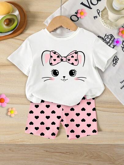 SHEIN Playful Pals Cute Cat Print Baby Girls Casual Minimalist Short Sleeve Crew Neck Top And Heart Print Shorts Set, Suitable For Summer, School, Home, Outdoor