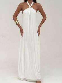Aloruh 女士夏季度假纯色露背吊带连衣裙 - 白色 - 查看 9