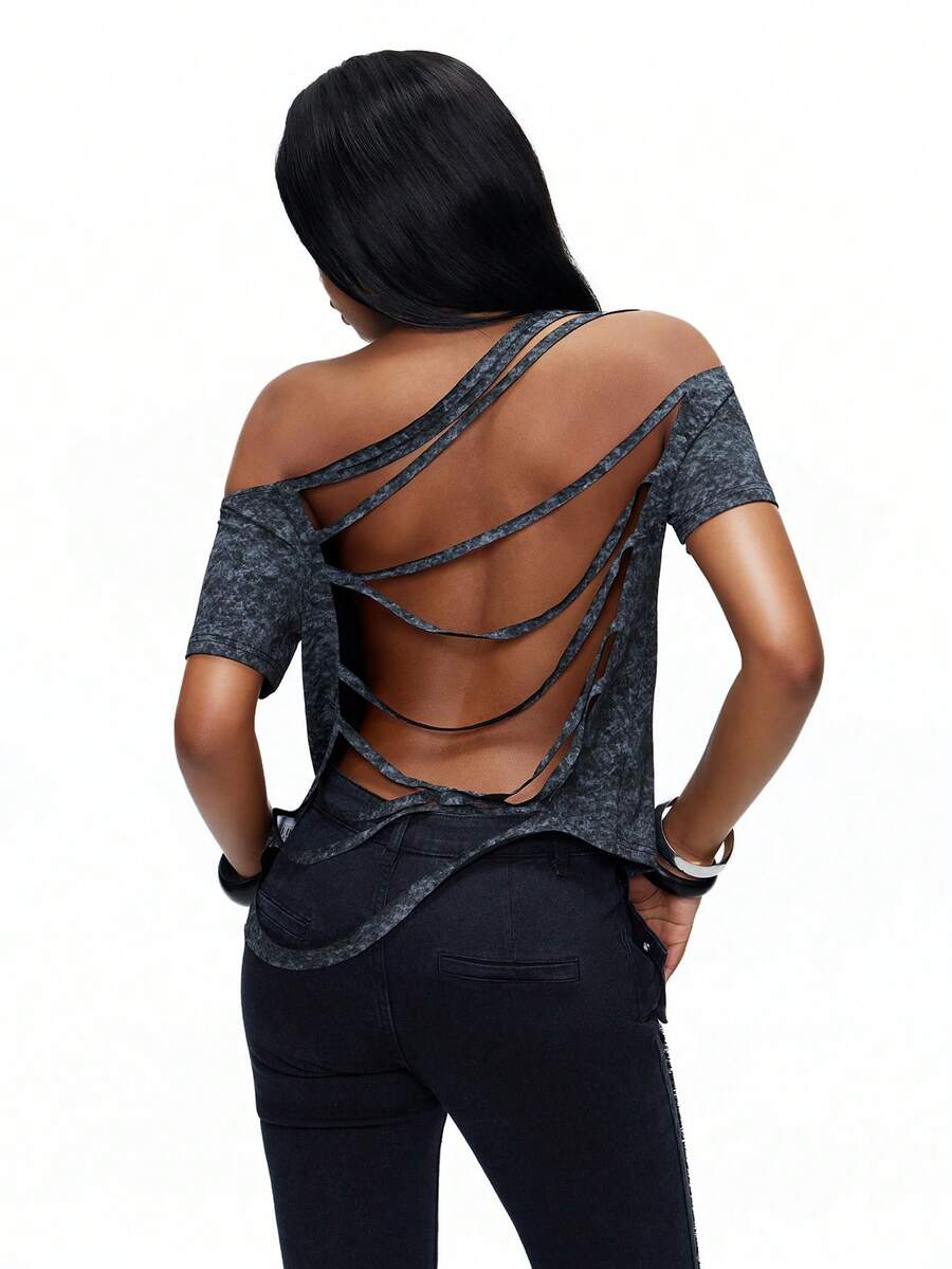 TypaGal 女士休闲做旧肩部短袖T恤，夏季 - 黑色 - 查看 1