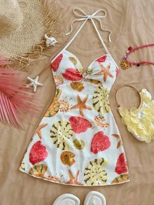 Vestido mini con textura, escote en V, decoración de estrella de mar metálica, cuello con lazo, espalda descubierta, ideal para vacaciones, citas, té de la tarde, días festivos, festivales de música, estilo bohemio - Azul - Ver 3