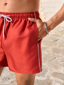 Manfinity VDAYZ Men's Elastic Waist Casual Drawstring Pocket Loose Beach Pants Men's Beachwear Men's Red Swim Shorts 5 Inch Inseam Swim Trunks Swimming Shorts For Men Red Swim Trunks For Men - Burgundy - View 5