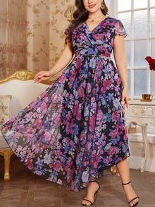 Reflora 大码女士优雅印花连衣裙，夏季婚礼礼服 - 彩色 - 查看 5