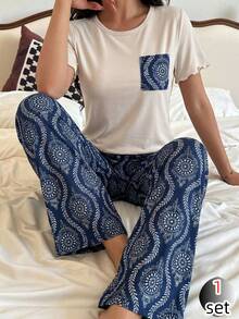 女童碎花针织象牙色和藏蓝色短袖上衣和裤子休闲家居服套装，春夏款 - 藍色 - 查看 7