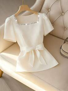 SHEIN Elegante Bluse für Damen mit Strass-Verzierung, quadratischem Kragen, Puffärmeln, Taillenband, A-Linie Silhouette, geeignet für Büro und Alltag, Frühling/Sommer - Aprikosenfarben - Übersicht 3