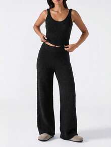 LYSMO 新款极简主义冬季女式黑色纹理纯色圆领毛衣背心和裤子休闲两件套，高个黑色针织两件套优雅女装，商务休闲女装，感恩节女装，新年和圣诞节毛衣。 - 黑色 - 查看 5