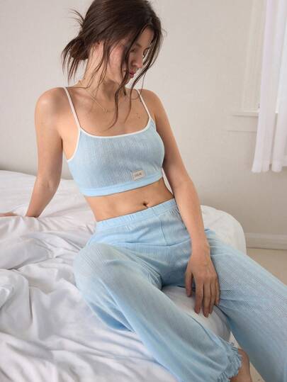 Ocili Women's Blue Camisole And Elastic Waist Pants Casual Pajama Set