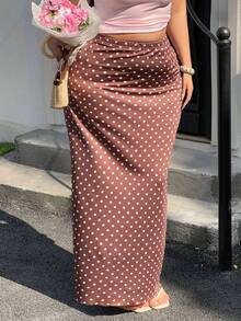 GalTyme Plus Size Elegant Polka Dot Print Fishtail Skirt, Suitable For Commuting Valentine's Day,Casual, Work, Date Drawstring Waist Side Pockets Wide Leg Pants New Year,Thanksgiving,Party,Wedding,Beach,Graduati,Chic,Elegant,Casual,Going Out,Date,Appointment,Commute - Brown - View 7