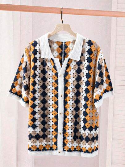 RONVEXI Men's Crochet Hollow Out Short Sleeve Single-Breasted Casual Knit Top