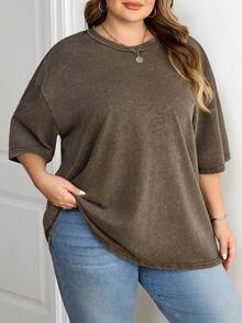 SHEIN CURVE+ Áo thun nữ cỡ lớn dáng rộng cổ tròn tay ngắn với họa tiết bông tuyết và hình in lụa. - màu nâu - Xem 7