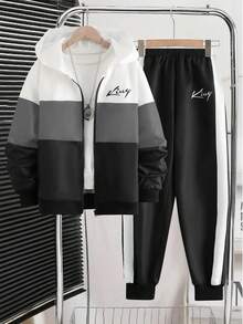 Vacaura Teenager's Casual Zip-Up Hoodie Jacket With Digital Print Letter Pattern & Contrast Color Drawstring Sweatpants Sports Set, Fashionable For Spring, Autumn & Winter - Grey - View 3