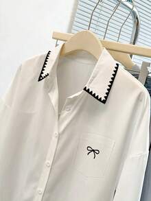 Resyla Women's Casual Everyday Commute Bow Decor Dropped Shoulder Loose Long Sleeve White Blouse, Spring/Autumn - Baby Blue - View 3