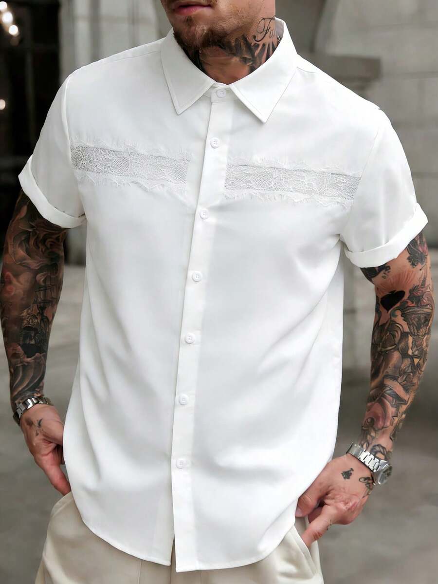 EGENSIO 男士花卉拼接翻领短袖衬衫 - 白色 - 查看 1