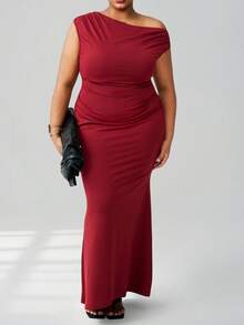 CurvyTilda Plus Size Women Solid Color High Stretch Asymmetrical Neck Mermaid Hem Valentine's Day Dress, For Hourglass Body Shape - Burgundy - View 9