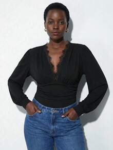 Maija 大码女式黑色蕾丝纯色弹力荷叶袖连体衣，浪漫、时尚、百搭；舒适、优雅、休闲、简约，适合日常穿着，是度假休闲的必备单品，适合单身女士，优雅时尚商务休闲外套 - 酒紅色 - 查看 7