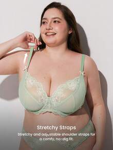 LUVLETTE Plus Woman Lingerie Full Coverage Support&Breathable Underwire Sexy Unlined Sheer Minimizer Green Lace Bra - Mint Green - View 5