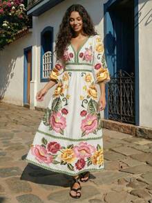 CAJUNI V-Neck Retro Floral Pattern Fashionable Lantern Sleeve Elegant Dress, Boho Dresses For Women - Beige - View 5