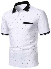 Manfinity Homme Camisa polo de manga corta con estampado total y ribete de contraste para uso diario y casual de hombres en verano - Blanco - Ver 3