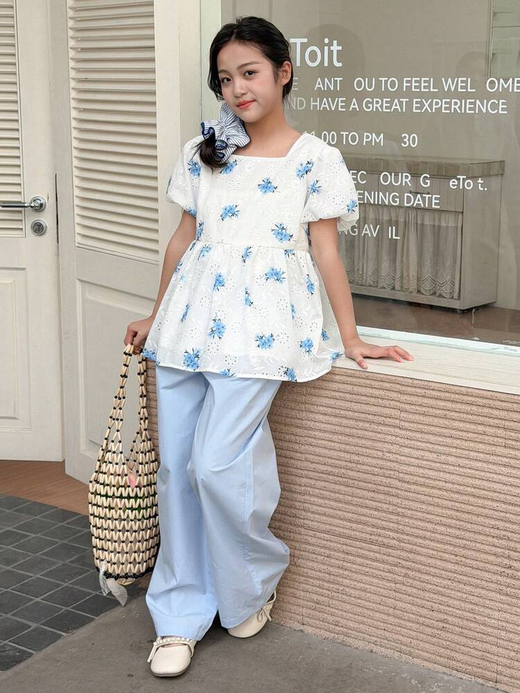 2pcs Tween Girls Collared Short Sleeve Shirt & Wide Leg Pants Set, Fall Outfit