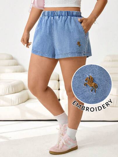 Solflare Plus Size Women Mustang Embroidery Elastic Waist Loose Casual Denim Shorts Spring To Summer Valentine's Day Carnival Costume Commuting Vacation Graduation Chic Y2k Cute Streetwear Coquette Party Wedding Elegant Business Casual Woman Casual Plus Size Blue Denim Shorts With Elastic Waist And Decorative Embroidery