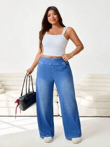 Solflare 大码女式休闲百搭日常宽松牛仔裤，春夏情人节嘉年华服装通勤度假毕业时尚Y2K可爱街头风派对婚礼优雅商务休闲女式舒适大码女式牛仔裤高腰阔腿牛仔裤，侧边饰有运动条纹 - 藍色 - 查看 9