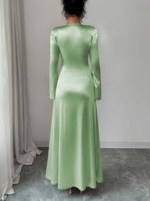 Rafferiza Elegantes figurbetontes Kleid mit vorderseitiger Raffung, Satin-Strick-Glockenärmel, hellrosa, geeignet für Partys oder den Alltag, Herbst/Winter - Minzgrün - Übersicht 2