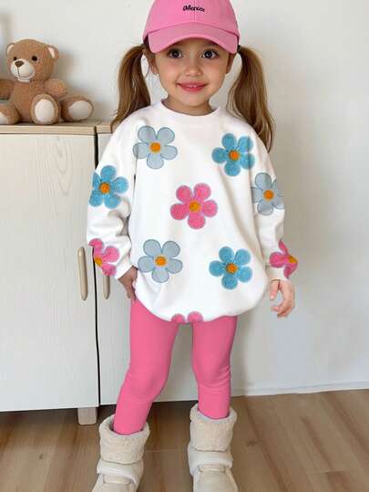 SHEIN Set de 2 piezas de sudadera y leggings con estampado floral navideño, lindo y dulce, estilo de ballet femenino, cuello redondo festivo de manga larga, adecuado para otoño/invierno y Navidad