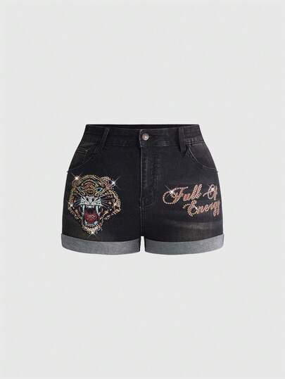 ROMWE Avant Y2K Vintage Retro Chinese Style Tiger Print Rhinestone Embellished Plus Size Denim Shorts