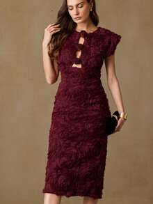 Aveloria Rosie Đầm voan ôm dáng xếp lớp, thêu đính cườm, viền bèo nhún, kiểu dáng mới. - Màu Đỏ Sâu - Xem 6