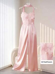 Modelyn 女士优雅3D立体花卉装饰连体裤，适合约会和派对穿着 - 粉色 - 查看 2