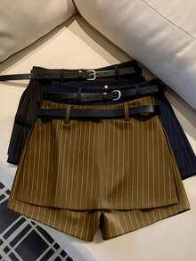 SHEIN ChicEase Maillard 条纹修身短裙，开衩设计，防走光女士短裙 - 棕色 - 查看 2