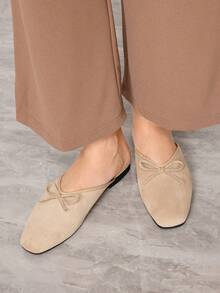 Sleekvia 女鞋 小方头平底杏色绒面革蝴蝶结女式穆勒鞋 女式平底鞋 通勤休闲半拖低帮穆勒鞋 女鞋 - 杏色 - 查看 4