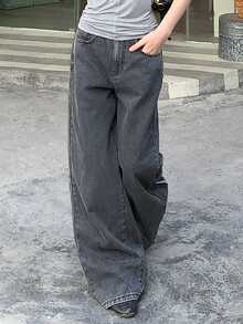 FRIFUL 女士宽松破洞阔腿牛仔裤，带星星贴片 - 灰色 - 查看 8