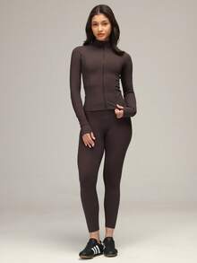 Sigmas 女士休闲修身立领运动夹克 - 咖啡棕 - 查看 5