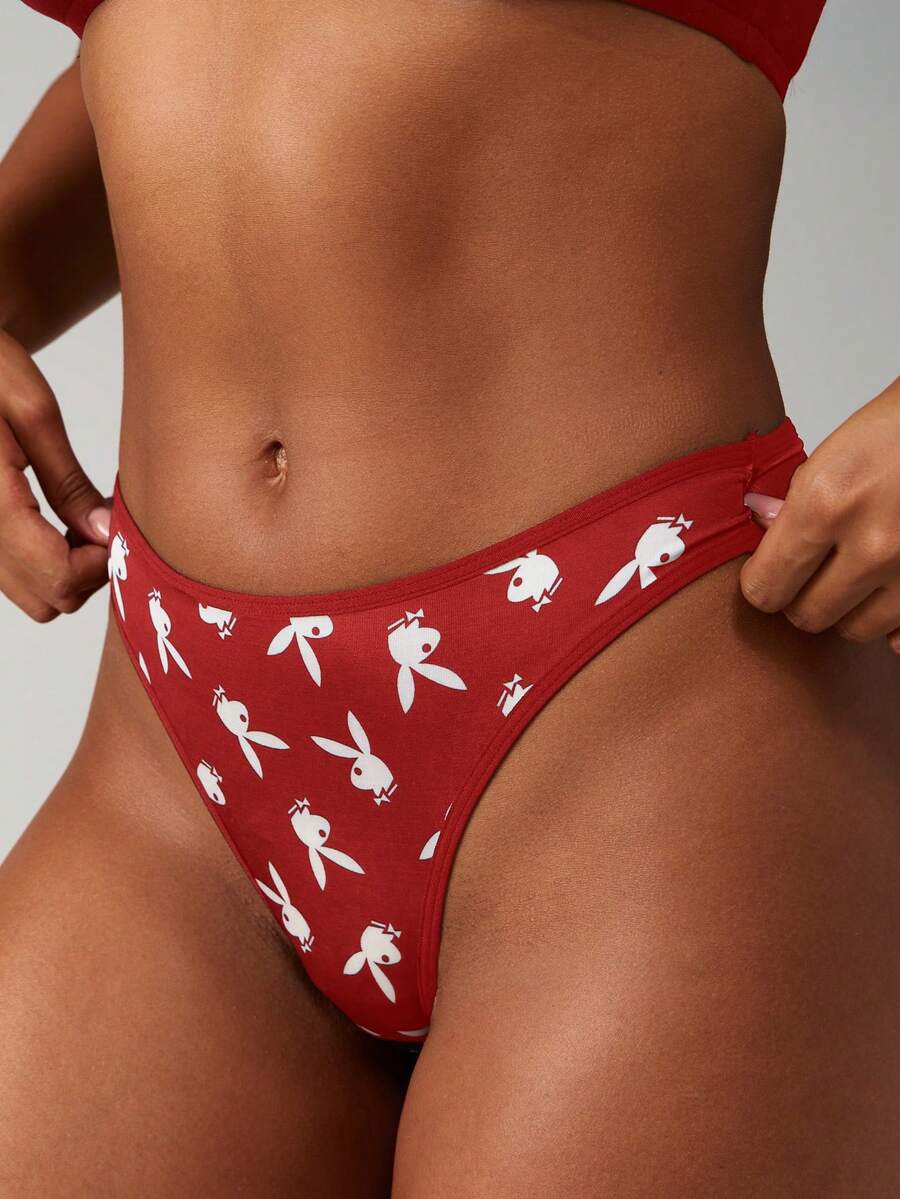 Missguided x Playboy Bunny Print High-Waisted Seamless Cheeky Thong Underwear With Contrast Trim For Spring Festival Occasions - Red - View 1